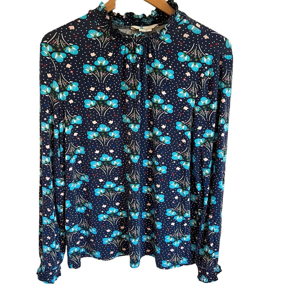 Boden Blue Floral Smocked Ruffle Neck Top Polka Dot Jersey Blouse Women's US 12